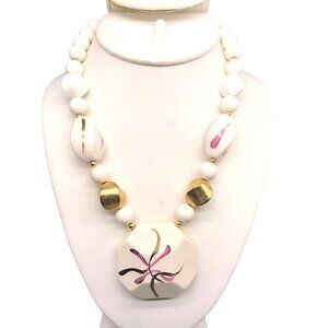 Hand Painted Japanese Beaded Necklace, White, Mauve and Gold Abstract Fireworks